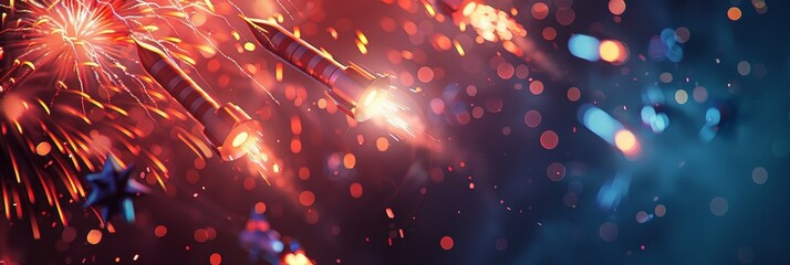 Poster - Festive Fireworks Display with Bokeh Lights - A vibrant image capturing the dazzling spectacle of fireworks exploding in the night sky, with bokeh lights creating a magical ambiance. The image symboli