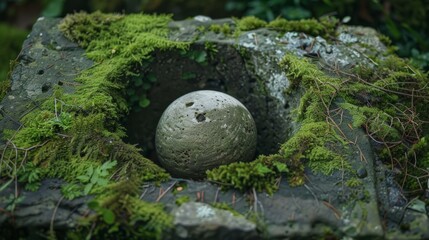 Wall Mural - Stone Orb Nestled in Mossy Garden Setting