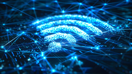 Poster - Illuminating Digital Network   Abstract Connectivity and Data Flow Symbolism with Electric Blue and White Lights Pulsating Effects and Soft Shadows Enhancing Depth in a Conceptual Digital Landscape