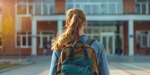 A woman with a backpack walks towards the entrance of a building