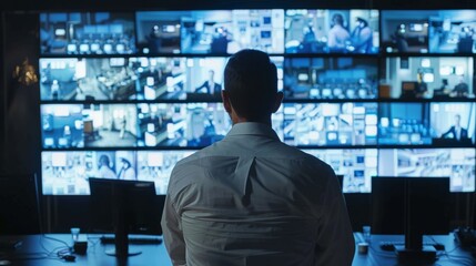 Poster - Surveillance control room with security guard analyzing camera feeds