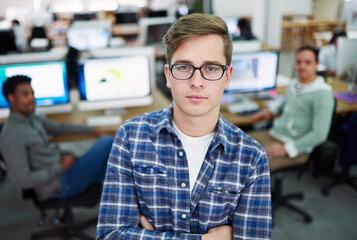 Poster - Man, confident and serious in office for portrait, creative agency and web design career in start up business. Professional, crossed arms and proud employee in workplace, ux designer and company