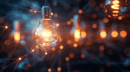 Poster - illuminated ideas: a glowing network of innovation - a single light bulb illuminates a network of co