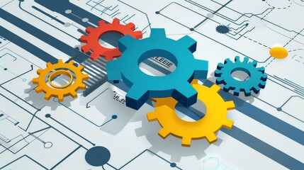 Poster - Interlocking Gears Representing Teamwork and Collaboration - A group of colorful gears interlock on a white background, symbolizing teamwork, collaboration, cogs, workflow, and engineering.