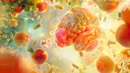 Poster - Abstract digital art depicting brain health and cognition protected by a transparent barrier surrounded by a dynamic arrangement of nutritious fruits and dietary supplements floating in a vibrant