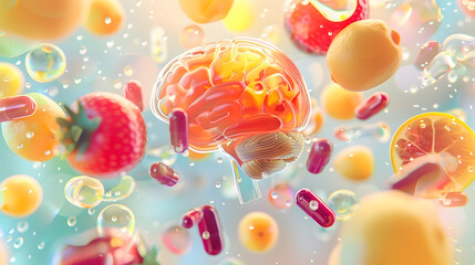 Poster - Shielded Brain Surrounded by Vibrant Nourishment   Abstract Digital Art Representation of Cerebral Health and Wellness with Floating Fruits Supplements Soft Lighting and Elements