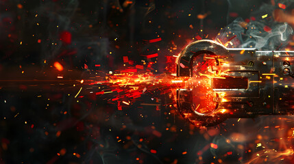 Poster - Explosive Shattered Lock Glowing Red and Gold Fragments Fly Through a Dramatic Intense Background with Vivid Lighting Intricate Detailing and a Cinematic Style