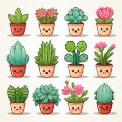 Wall Mural - Cute happy funny succulents plants,cacti,flower emoji set collection. cartoon kawaii character illustration.Scculents,flowerpot,cactus plants stickers bundle concept.Isolated on white background