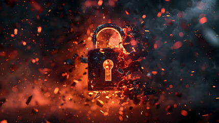 Poster - Shattered glowing lock with vibrant red and orange fragments against a dark smoky background with dynamic light effects soft shadows