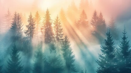 Wall Mural - A forest with trees in the background and a sun shining through the trees. The sun is casting a warm glow on the trees and the sky