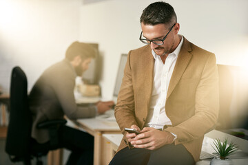Aufkleber - Small business, businessman and smartphone in office for project, creativity and networking on desk. Web designer, communication and browse in workplace for startup, pride or confidence with texting