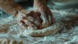 © redflower - Hands Preparing Pizza Dough. Close-Up of Kneading and Stretching on Floured Surface