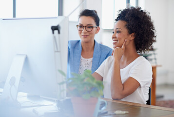 Poster - Women, colleague and computer in office for brainstorming, project or coworker as web designer. Female people, advice and technology for communication, teamwork or collaboration in digital agency