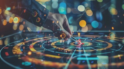 Poster - Targeting Success: Data-Driven Decision Making in a Digital World - A hand points to a target on a digital interface, symbolizing precision, data analysis, goal achievement, strategy, and technology.