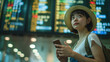 © Olha Havelia - A young Japanese woman with short hair wearing jeans and a straw hat is holding her smartphone at the airport, looking up to see flight information on an electronic board in front
