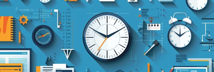 Poster - Time Management, Productivity, and Organization Concept: Clock, Compass, and Calendar on Blue Background - This image symbolizes time management, productivity, organization, goal setting, and efficien