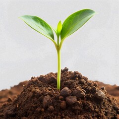 The image shows a green leafy plant sprouting from brown soil. The plant appears to be a small seedling no background.