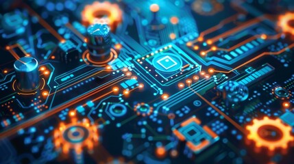 Poster - abstract close-up of circuit board with orange glowing components - a detailed close-up of a circuit