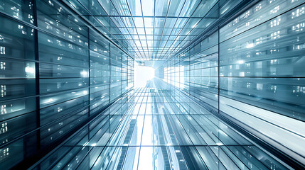 Wall Mural - futuristic cityscape with modern buildings and sleek, minimalist design under a blue sky.