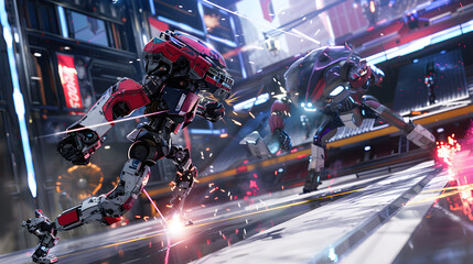 Wall Mural - Futuristic arena showdown: two powerful scifi robots engage in an epic battle for supremacy.