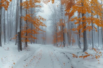 Wall Mural - a snowy forest with trees that are orange and brown. the snow is covering the ground and the trees a