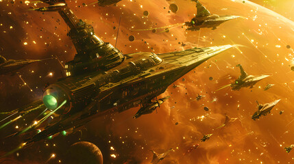 Wall Mural - epic space battle among futuristic starships, engaging in a fierce fight for galactic supremacy.