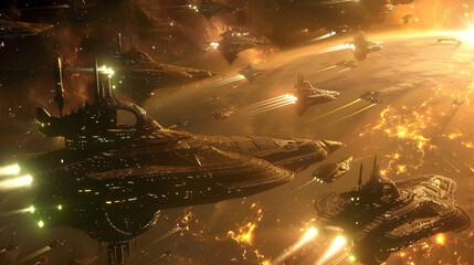 Wall Mural - futuristic space battle between two rival starships engaged in epic combat across the galaxy.