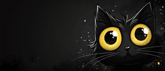 Wall Mural -  A tight shot of a black feline's visage, its yellow orbs piercing the inky blackness dotted with splatters