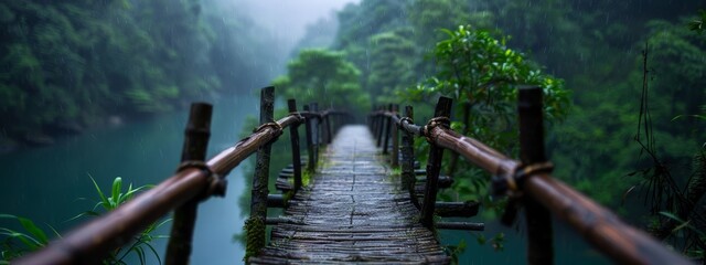 Wall Mural -  A wooden bridge spans a forested body of water, surrounded by trees on all sides