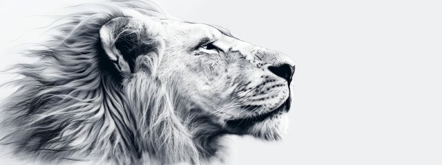 Wall Mural -  A black-and-white image of a lion's head with flowing mane against a white backdrop