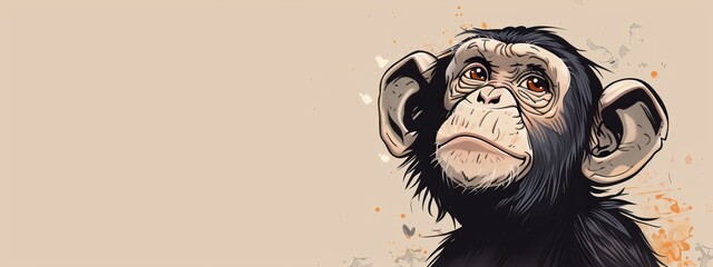 Wall Mural -  A monkey's face drawn on a beige backdrop, below half adorned with a paint splash