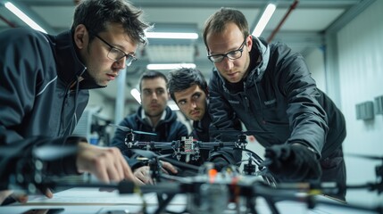 Wall Mural - Rigorous testing and refinement process behind innovation, featuring a group of engineers meticulously testing a new prototype device in a simulated environment to ensure its performance and reliabili