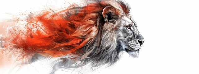 Wall Mural -  A painting of a lion's head against a white backdrop, featuring red and black stripes in its fur