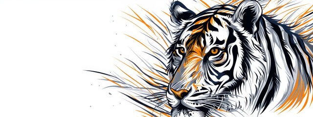 Wall Mural -  A tight shot of a tiger's face, adorned with radiating orange and black stripes