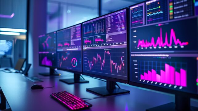 Multi-screen setup in a modern data analysis lab, showing synchronized health data visualizations, trend analysis, and predictive models with vibrant graphics 