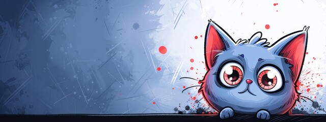 Wall Mural -  A blue cat with red eyes sits atop a weathered wooden table, before a blue wall adorned with splatters of paint