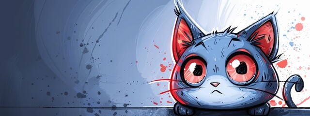 Wall Mural - red-eyed feline with a sad expression, seated before a wall