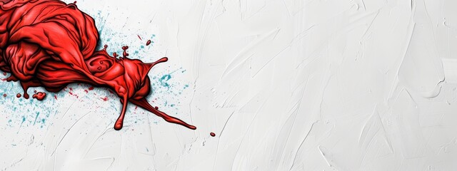 Canvas Print -  A red object, bleeding and painted upon a pristine white background, is contrasted by blue splatters accumulated at its base