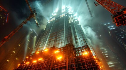 Poster - Night construction of a skyscraper, with bright floodlights illuminating the site, and workers in action creating a dramatic interplay of light and shadow 