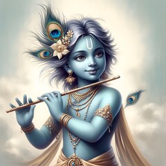 Canvas Print - Beautiful portrait of lord krishna playing flute