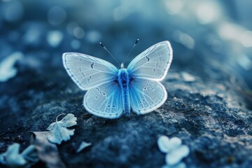 Poster - A vivid blue butterfly rests on a stone amidst a dreamy, bokeh landscape