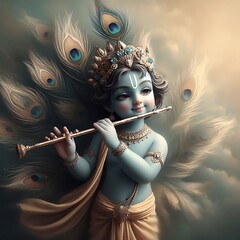 Canvas Print - Beautiful portrait of lord krishna playing flute