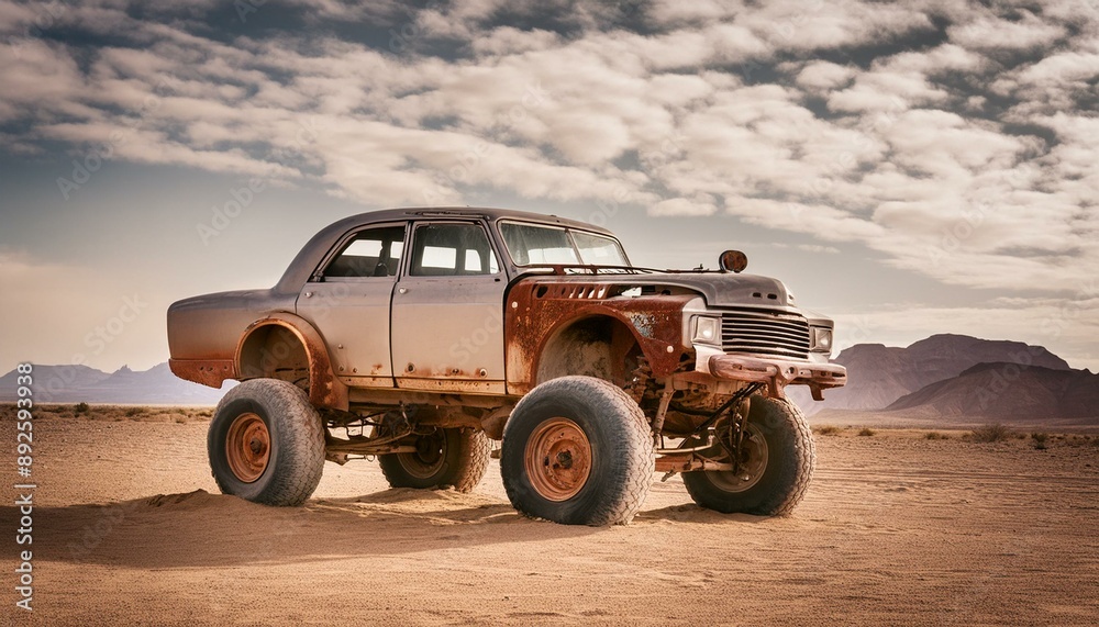 Rusty old apocalyptic monster car ridignt through desert Stock Photo ...