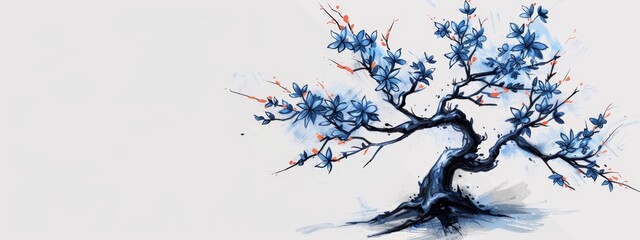 Poster -  A painting of a blue tree with red and blue leaves on its branches