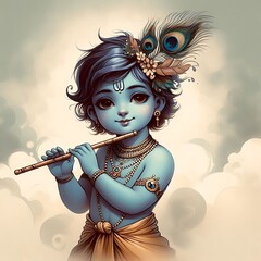 Wall Mural - Beautiful portrait of lord krishna playing flute