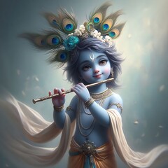 Canvas Print - Beautiful portrait of lord krishna playing flute