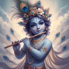 Wall Mural - Beautiful portrait of lord krishna playing flute