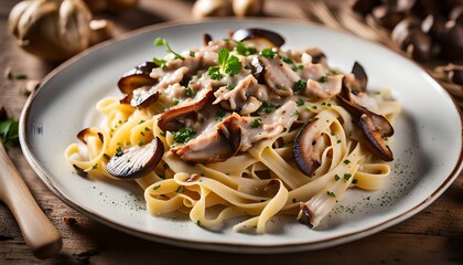 Wall Mural - fettuccine with smoked chicken and forest mushrooms
