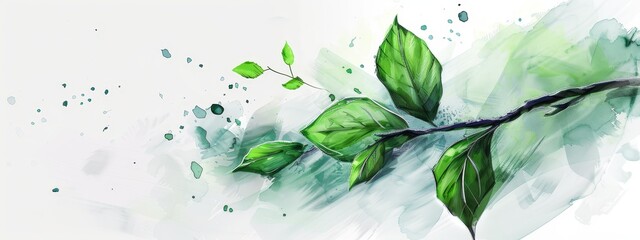 Wall Mural -  A painting of a green leaf on a branch, with water drops at its base, against a white background