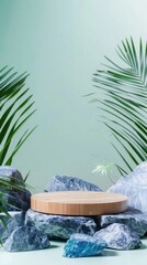 Poster - A wooden platform with a palm tree in the background